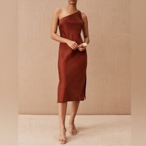 BHLDN Anthropologie Women’s Audrie Cinna Red Satin One Shoulder Midi Dress 10